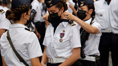 Members of the French Air and Space Force prepare for the Bastille Day parade.