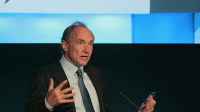 Internet pioneer Sir Tim Berners-Lee addresses delgates at the first Knowledge conference in Dubai. Jeffrey E Biteng / The National