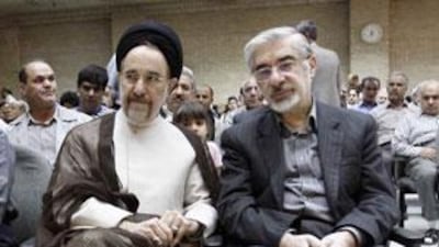The Iranian opposition leader, Mir Hossein Mousavi, right, and his close ally, the former reformist president, Mohammed Khatami.