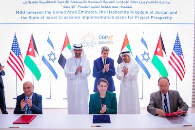 A deal was signed in the presence of Sheikh Abdullah bin Zayed, Minister of Foreign Affairs and International Co-operation; Dr Sultan Al Jaber, Minister of Industry and Advanced Technology and Special Envoy for Climate Change; and John Kerry, the US Special Envoy for Climate. It was signed on behalf of the UAE by Mariam Al Mheiri, Minister of Climate Change and the Environment. Photo: Wam