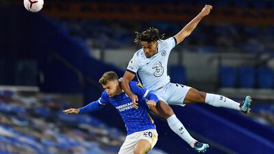 Soccer Football - Premier League - Brighton & Hove Albion v Chelsea - The American Express Community Stadium, Brighton, Britain - September 14, 2020. Chelsea's Reece James in action with Brighton & Hove Albion's Solly March. Pool via REUTERS/Glyn Kirk EDITORIAL USE ONLY. No use with unauthorized audio, video, data, fixture lists, club/league logos or 'live' services. Online in-match use limited to 75 images, no video emulation. No use in betting, games or single club/league/player publications. Please contact your account representative for further details. TPX IMAGES OF THE DAY