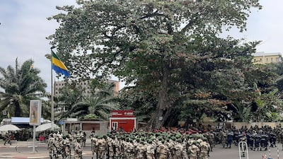 Gabonese soldiers gather ahead of an expected address by Gen Brice Oligui Nguema, in Gabon's capital Libreville, at the weekend AFP