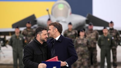 France's President Emmanuel Macron and Ukraine's President Volodymyr Zelensky signed a letter of intent at the Villacoublay air base. AFP
