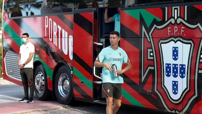 Cristiano Ronaldo arrives for a training session in Almancil, Faro, south of Portugal. EPA