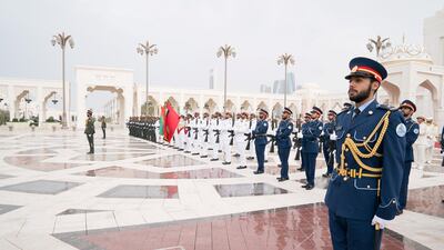 The UAE Armed Forces Honor Guard participate in a reception for Mr Mirziyoyev at the Presidential Palace.