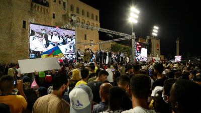 Interim Prime Minister of Libya Abdul Hamid Dbeibah addresses supporters at a protest calling for the country’s parliament to step down last week in Tripoli. Photo: AP