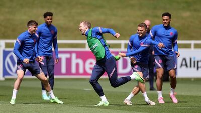 England's Harry Kane with teammates during training. Reuters