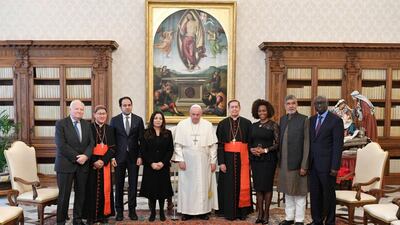 Pope Francis pictured with the 2023 Zayed Award for Human Fraternity judging committee at the Vatican.