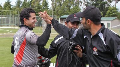 Shaiman Anwar of UAE celebrates after scoring 109 runs during the ICC Cricket World Cup qualifier against Nepal on Monday in Rangiora, New Zealand. Martin Hunter-IDI/IDI via Getty Images