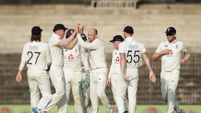 England spinner Jack Leach celebrates bowling India opener Rohit Sharma for 12 during Day 4 of the first Test at the Chidambaram Stadium in Chennai, on February 8. All images courtesy of Sportzpics for BCCI