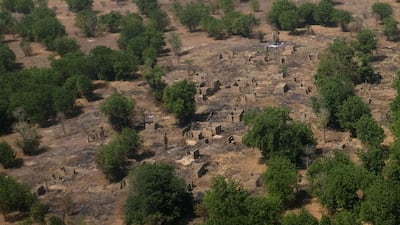 An aerial view of buildings standing on scorched ground that have been destroyed in the conflict with Boko Haram in the Bama region of Borno state. REUTERS/Paul Carsten