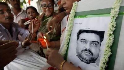 Bharatiya Janata Party (BJP) activists pay tribute to Indian prisoner Sarabjit Singh, accused of spying and involvement in the 1990 bomb attacks in Lahore and Faisalabad in which 14 people died, who died of inflicted wounds by other prisoners in May 2013.