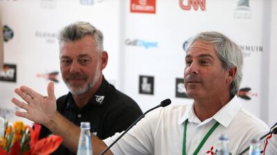 Icons Cup captains Darren Clarke, left, and Fred Couples, right. Pawan Singh / The National