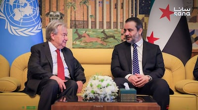 UN Secretary General Antonio Guterres with Syrian Foreign Minister Asaad Al Shibani at Damascus International Airport. AFP