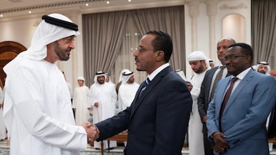 Lemma Megersa, Minister of Defence of Ethiopia, offers condolences to Sheikh Mohamed bin Zayed on the death of his brother, Sheikh Sultan bin Zayed, at Al Mushrif Palace. Mohamed Al Hammadi / Ministry of Presidential Affairs