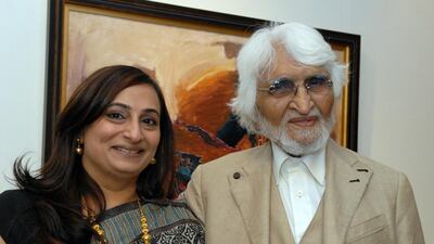 Malini Gulrajani and the late M F Husain, who exhibited at the 1x1 Art Gallery, Dubai. Courtesy 1x1 Art Gallery