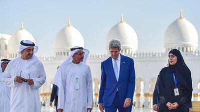John Kerry with Sheikh Abdullah bin Zayed at the Grand Mosque. Wam