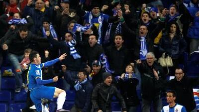Alvaro Vazquez, left, scored Espanyol's equaliser in the derby against Barcelona on Sunday.