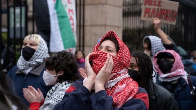 Columbia University student demonstrators denouncing the arrest of Mahmoud Khalil in New York City last month. Reuters