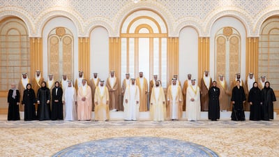 Sheikh Mohammed bin Rashid, Vice President, Prime Minister and Ruler of Dubai, and Sheikh Mohamed bin Zayed, Crown Prince of Abu Dhabi and Deputy Supreme Commander of the Armed Forces, stand for a photograph during a swearing-in ceremony for the new Cabinet at Qasr Al Watan in Abu Dhabi. All pictures by the Ministry of Presidential Affairs
