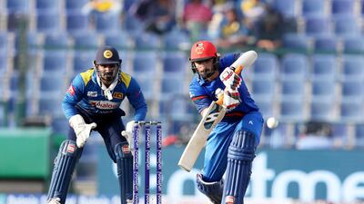 Ihsanullah Janat of Afghanistan playing a shot during the Asia Cup UAE 2018 cricket match between Afghanistan vs Sri Lanka at Sheikh Zayed Cricket Stadium in Abu Dhabi.