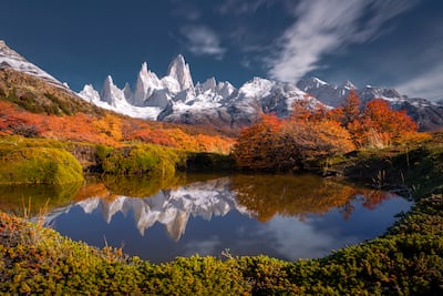 The Fitz Roy mountains reflected on a lake in Patagonia, Argentina. Getty Images