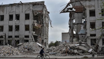 A building destroyed by a Russian air strike in the front-line town of Orikhiv. AP