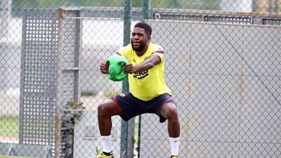 Barcelona defender Samuel Umtiti during a training session at Joan Gamper sports city. EPA