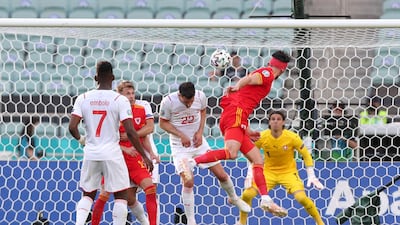 Kieffer Moore of Wales scores their side's first goal past Yann Sommer of Switzerland at the Olympic Stadium in Baku, Azerbaijan. Getty