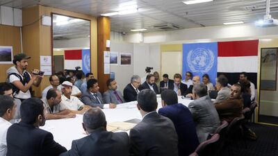 Negotiators from Yemen's government (L) and Houthi rebels (R) hold UN-mediated peace talks aboard a UN ship in the Red Sea off the coast of the city of Hodeidah, Yemen 08 September 2019. EPA