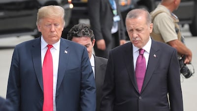 US President Donald Trump and Turkey's President Recep Tayyip Erdogan at the Nato Summit in Brussels last month. Olivier Hoslet / EPA