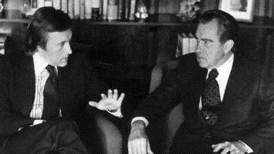 David Frost, left, talks with former US president Richard Nixon in this March 1977 photo prior to the taping of his interview.