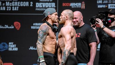 Dustin Poirier vs. Conor McGregor 2 weigh-in staredown. Getty Images