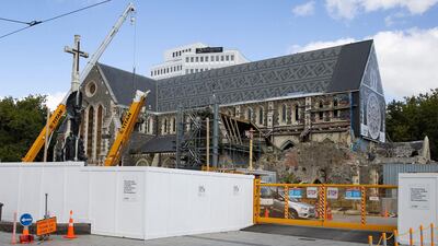 The cathedral being repaired nearly 10 years after the quake in Christchurch on February 17, 2021. AFP