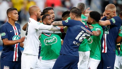 Players clash after the tackle on Kylian Mbappe. AP