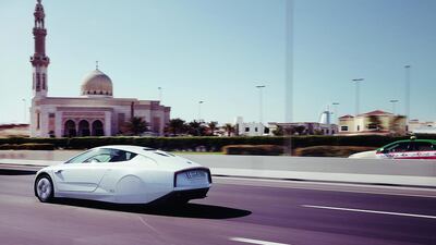 The Volkswagen XL1 on the streets of Dubai. Its hybrid technology and carbon-fibre build combine to make it the world's most fuel efficient car. Courtesy Volkswagen.