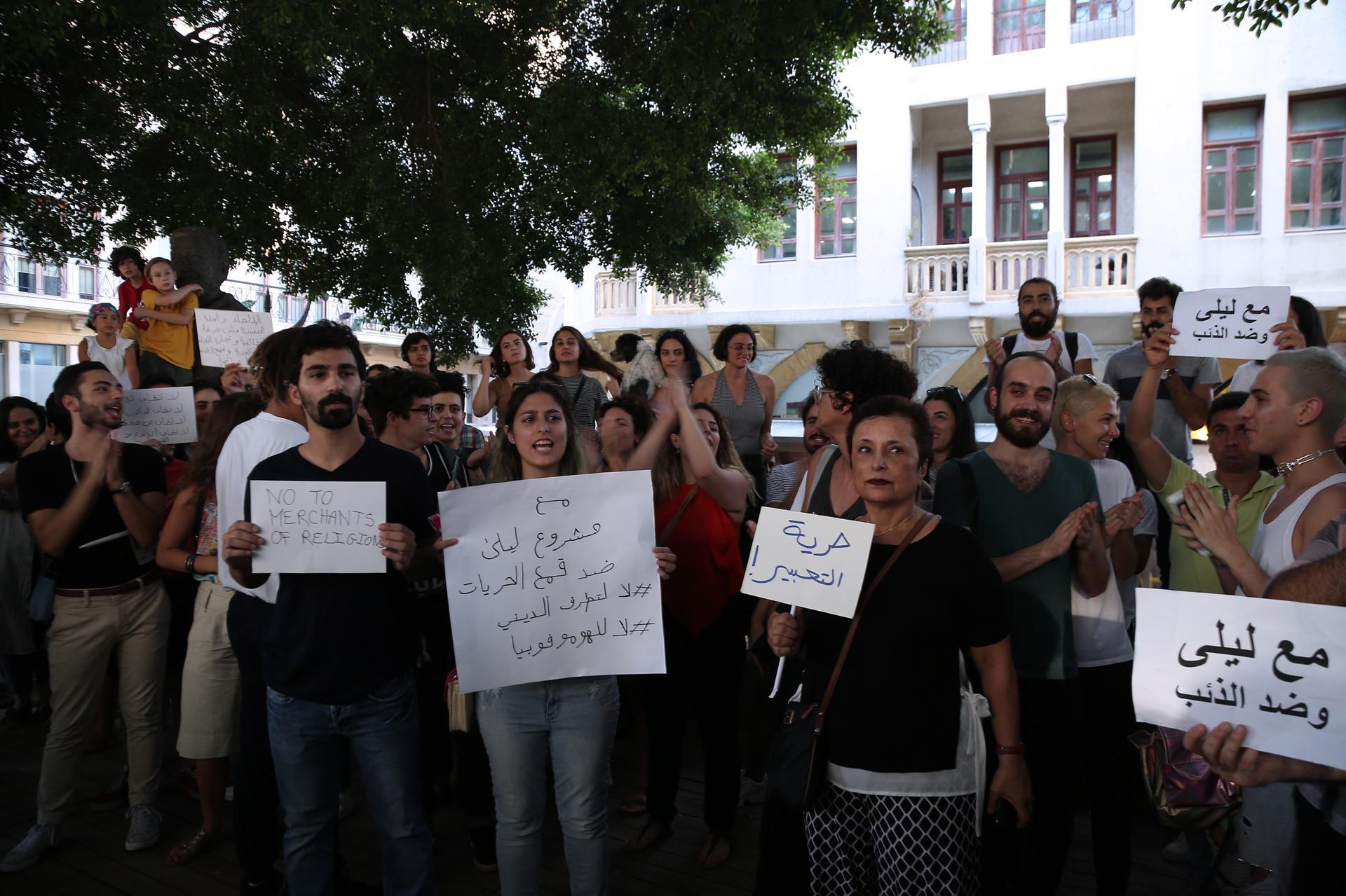Lebanese activists supporters of Mashrou' Leila band carry placards during a protest in solidarity with the Lebanese band Mashrou' Leila after the band;s concert was cancelled at the Byblos International Festival. EPA