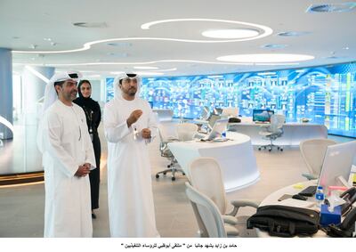Sheikh Hamed bin Zayed Al Nahyan, Chairman of the Crown Prince Court of Abu Dhabi and Abu Dhabi Executive Council Member (L), visits the Panorama'AI and Big Data Centre at AnocHQ. Hamad Al Kaabi / Ministry of Presidential Affairs