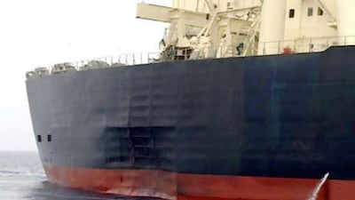 The damaged tanker M. Star arrives at Fujairah.