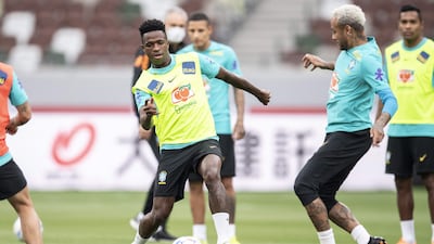 Vinicius Junior and Neymar attend Brazil's training session at the National Stadium in Tokyo on the eve of their friendly against Japan. AFP