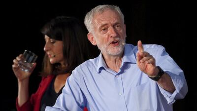 Labour Party leadership candidates Liz Kendall and Jeremy Corbyn in a leadership debate in central London this week. Peter Nicholls / Reuters