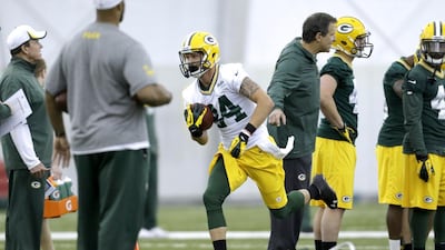 Jared Abbrederis, centre, of the Green Bay Packers runs through drills during rookie minicamp at the Don Hudson Centre on May 16, 2014, in Green Bay, Wisconsin. Mike McGinnis / Getty Images