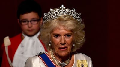 The queen consort, in a cream silk gown and tiara, attends the State Opening of Parliament in London on on October 14, 2019. AFP