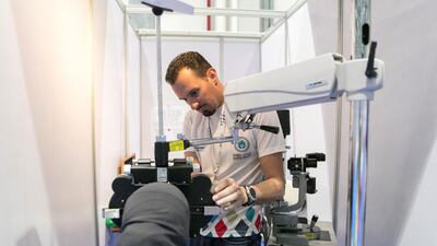 Eye test carried out in the Healthy Athletes center at IX MENA Special Olympic games held at Abu Dhabi National Exhibition Center. Reem Mohammed / The National