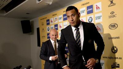 Israel Folau shown at the news conference on Wednesday where his new contract with Australia Rugby Union was announced. Jason Reed / Reuters / July 1, 2015