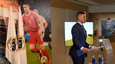 Luka Jovic gives a speech at the Santiago Bernabeu during his presentation as a Real Madrid player. AFP