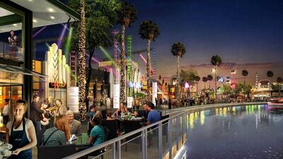 The kilometre-long canal in the desert plied by water taxis is set to be the star attraction of an entrance plaza that will connect the three theme parks. Above, a rendering of Riverpark. Courtesy Dubai Parks and Resorts