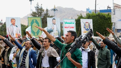 Men swear allegiance to the Houthi movement during a parade in Sanaa, Yemen, in February. Reuters