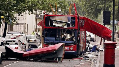 Picture taken on July 8, 2005 of the number 30 double-decker bus in Tavistock Square, which was destroyed by a terrorist bomb. Peter Macdiarmid/PA