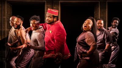 From left: James Jackson Jr, Jason Veasey, Michael Lyles, Jaquel Spivey, L Morgan Lee, Andrew Morrison and Antwayn Hopper during a performance of 'A Strange Loop' in New York. AP